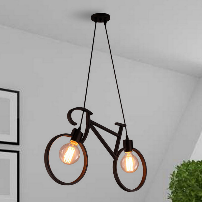 Bicycle Boys Bedroom Multi Light Pendant Industrial Iron 2 Heads Black/White Ceiling Hang Lamp, 20.5"/24.5" W Black Clearhalo 'Art Deco Pendants' 'Black' 'Cast Iron' 'Ceiling Lights' 'Ceramic' 'Crystal' 'Industrial Pendants' 'Industrial' 'Metal' 'Middle Century Pendants' 'Pendant Lights' 'Pendants' 'Rustic Pendants' 'Tiffany' Lighting' 1969244