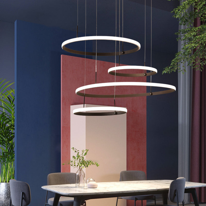 4-Head Living Room LED Chandelier Minimalist Black/Coffee Outer Glow Pendant Lamp with Circle Acrylic Shade Coffee Clearhalo 'Ceiling Lights' 'Chandeliers' 'Modern Chandeliers' 'Modern' Lighting' 1969285