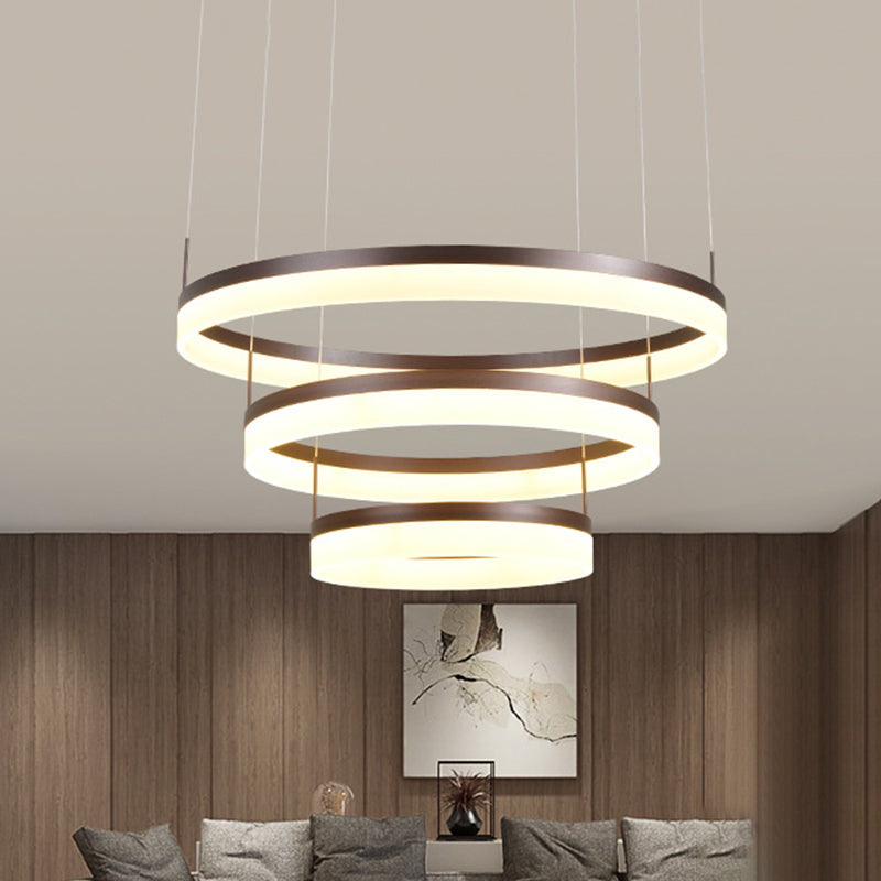Acrylic 2/3-Tier Circular Drop Pendant Minimalism Coffee Medium/Large LED Chandelier Lamp over Table Coffee 3 Tiers Clearhalo 'Ceiling Lights' 'Chandeliers' 'Modern Chandeliers' 'Modern' Lighting' 1969302