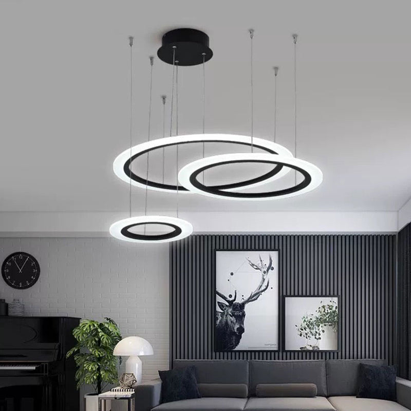 Contemporary LED Hanging Light Kit Black 3/4 Tiered Halo Ring Chandelier with Acrylic Shade Black 3 Tiers Clearhalo 'Ceiling Lights' 'Chandeliers' 'Modern Chandeliers' 'Modern' Lighting' 1969312