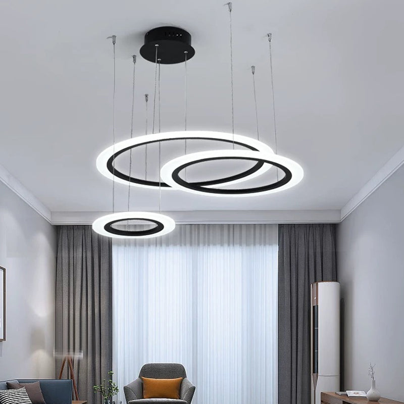 Contemporary LED Hanging Light Kit Black 3/4 Tiered Halo Ring Chandelier with Acrylic Shade Clearhalo 'Ceiling Lights' 'Chandeliers' 'Modern Chandeliers' 'Modern' Lighting' 1969314