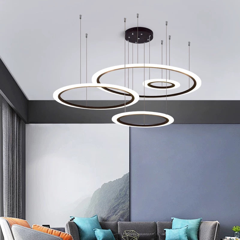 Contemporary LED Hanging Light Kit Black 3/4 Tiered Halo Ring Chandelier with Acrylic Shade Clearhalo 'Ceiling Lights' 'Chandeliers' 'Modern Chandeliers' 'Modern' Lighting' 1969318