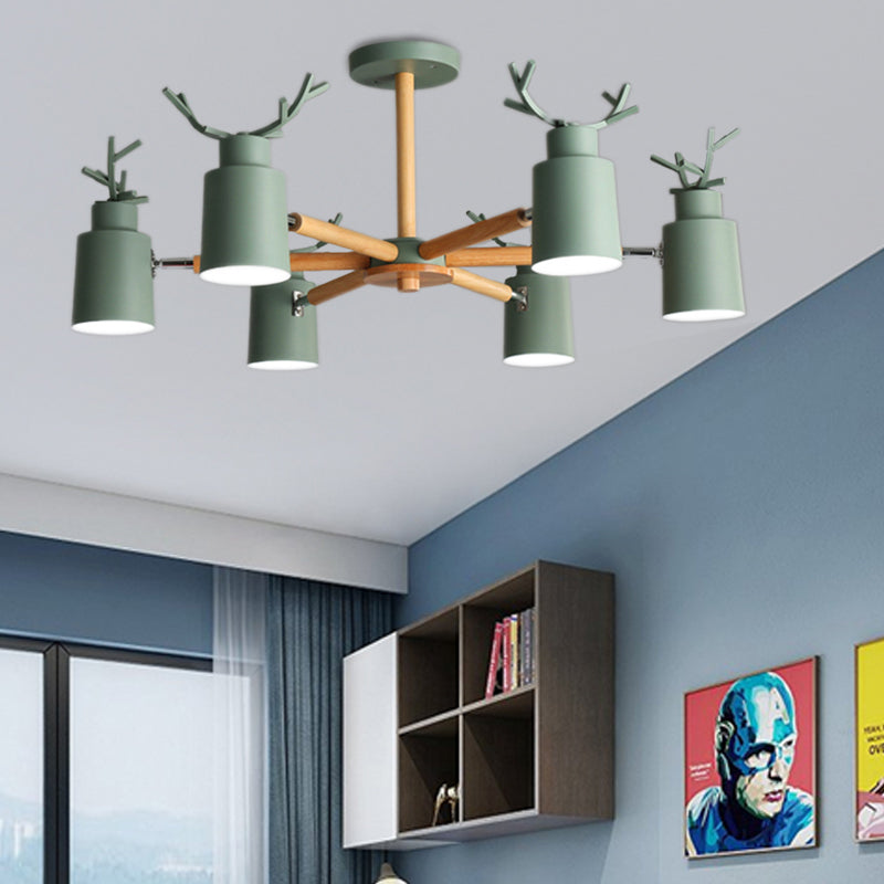 Nordic Cylinder Pendant Light with Antlers Six Lights Wood Chandelier in Green for Kindergarten Green Clearhalo 'Ceiling Lights' 'Chandeliers' Lighting' options 196932_2564c37e-6a9f-4a7d-98f5-e3244613e829