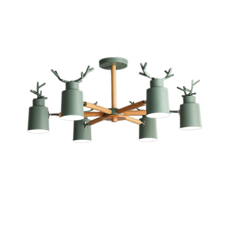 Nordic Cylinder Pendant Light with Antlers Six Lights Wood Chandelier in Green for Kindergarten Clearhalo 'Ceiling Lights' 'Chandeliers' Lighting' options 196934