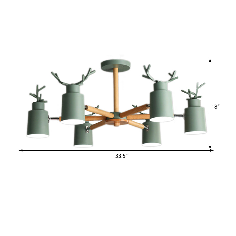 Nordic Cylinder Pendant Light with Antlers Six Lights Wood Chandelier in Green for Kindergarten Clearhalo 'Ceiling Lights' 'Chandeliers' Lighting' options 196935