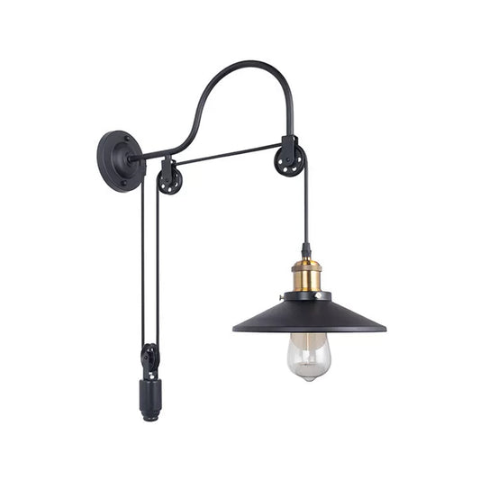 Conical Bedside Pulley Reading Wall Light Industrial Metal 1-Light Black Wall Lamp with Gooseneck Arm Black Clearhalo 'Art deco wall lights' 'Cast Iron' 'Glass' 'Industrial wall lights' 'Industrial' 'Middle century wall lights' 'Modern' 'Rustic wall lights' 'Tiffany' 'Traditional wall lights' 'Wall Lamps & Sconces' 'Wall Lights' Lighting' 1969622