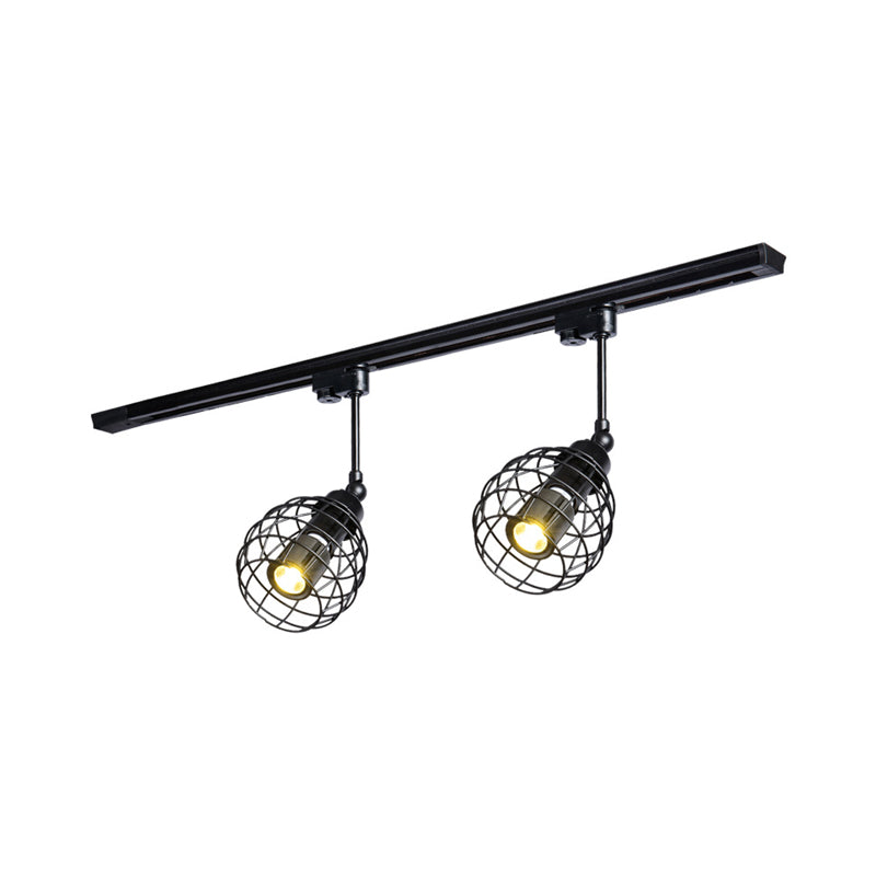 2/3 Lights Flush Mount Spotlight Industrial Bistro Semi Flush Ceiling Light with Sphere Iron Cage in Black/White/Rust 2 Black Clearhalo 'Ceiling Lights' 'Close To Ceiling Lights' 'Close to ceiling' 'Semi-flushmount' Lighting' 1969676