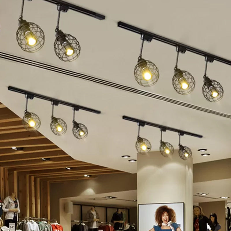 2/3 Lights Flush Mount Spotlight Industrial Bistro Semi Flush Ceiling Light with Sphere Iron Cage in Black/White/Rust Clearhalo 'Ceiling Lights' 'Close To Ceiling Lights' 'Close to ceiling' 'Semi-flushmount' Lighting' 1969677