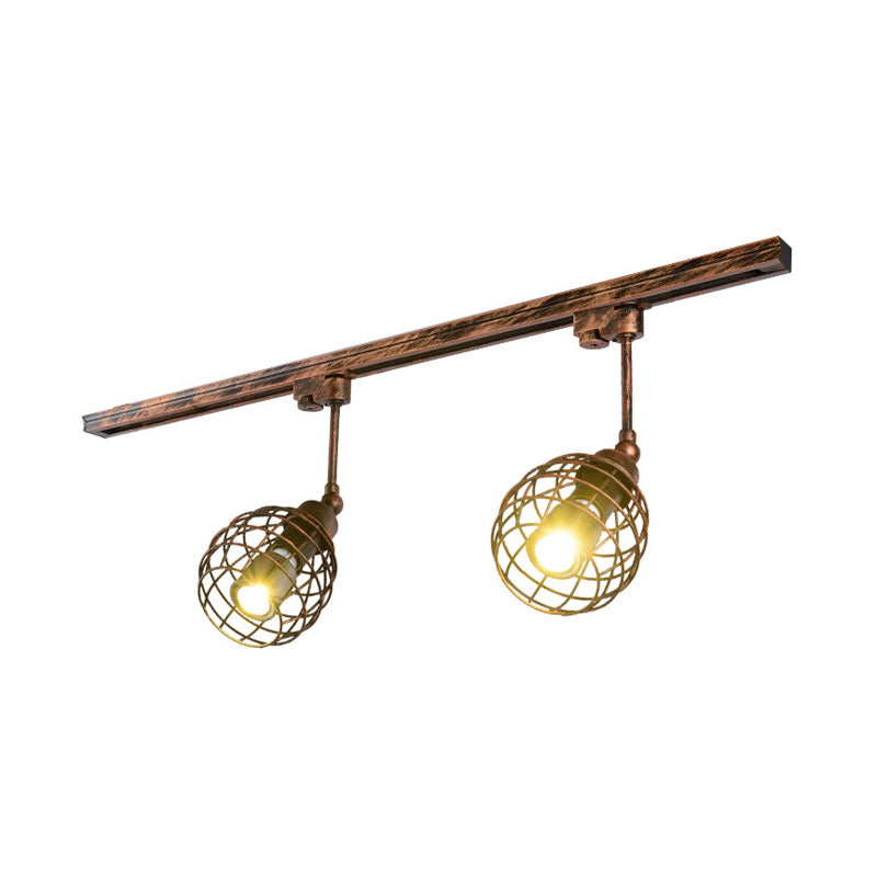 2/3 Lights Flush Mount Spotlight Industrial Bistro Semi Flush Ceiling Light with Sphere Iron Cage in Black/White/Rust 2 Rust Clearhalo 'Ceiling Lights' 'Close To Ceiling Lights' 'Close to ceiling' 'Semi-flushmount' Lighting' 1969680