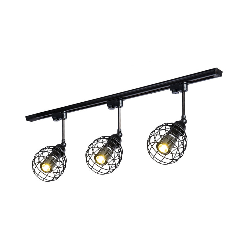 2/3 Lights Flush Mount Spotlight Industrial Bistro Semi Flush Ceiling Light with Sphere Iron Cage in Black/White/Rust 3 Black Clearhalo 'Ceiling Lights' 'Close To Ceiling Lights' 'Close to ceiling' 'Semi-flushmount' Lighting' 1969681