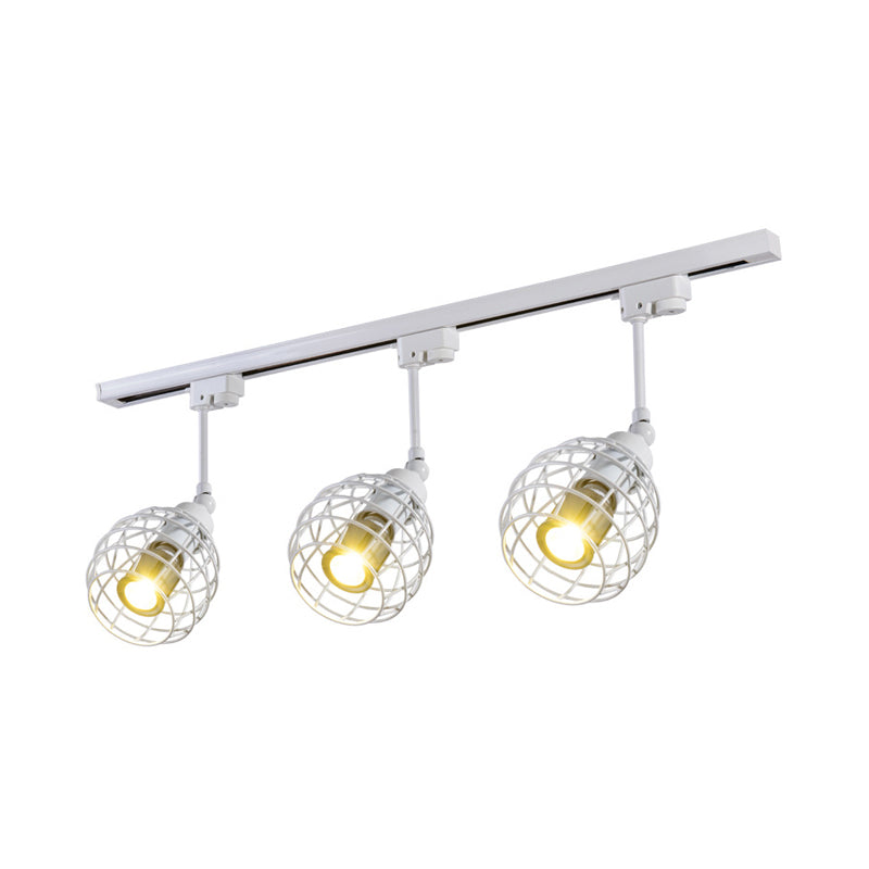 2/3 Lights Flush Mount Spotlight Industrial Bistro Semi Flush Ceiling Light with Sphere Iron Cage in Black/White/Rust 3 White Clearhalo 'Ceiling Lights' 'Close To Ceiling Lights' 'Close to ceiling' 'Semi-flushmount' Lighting' 1969683
