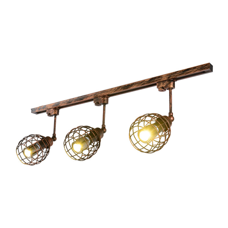 2/3 Lights Flush Mount Spotlight Industrial Bistro Semi Flush Ceiling Light with Sphere Iron Cage in Black/White/Rust 3 Rust Clearhalo 'Ceiling Lights' 'Close To Ceiling Lights' 'Close to ceiling' 'Semi-flushmount' Lighting' 1969684