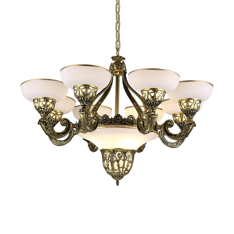 Ivory Glass Bowl/Bell Ceiling Hang Lamp Vintage 11 Lights Bedroom Chandelier Lighting Clearhalo 'Ceiling Lights' 'Chandeliers' Lighting' options 1969702