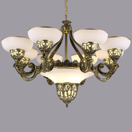 Ivory Glass Bowl/Bell Ceiling Hang Lamp Vintage 11 Lights Bedroom Chandelier Lighting Clearhalo 'Ceiling Lights' 'Chandeliers' Lighting' options 1969704