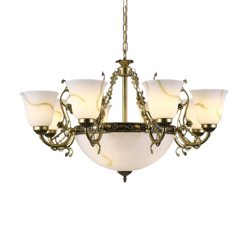 Ivory Glass Bowl/Bell Ceiling Hang Lamp Vintage 11 Lights Bedroom Chandelier Lighting Clearhalo 'Ceiling Lights' 'Chandeliers' Lighting' options 1969707