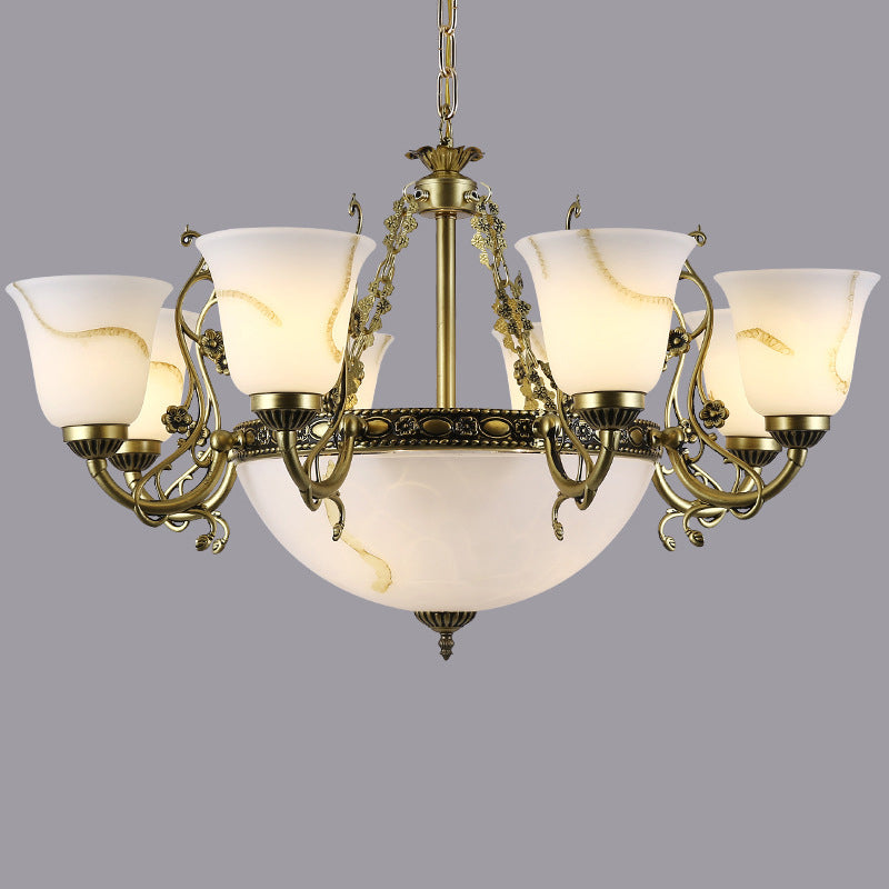 Ivory Glass Bowl/Bell Ceiling Hang Lamp Vintage 11 Lights Bedroom Chandelier Lighting Clearhalo 'Ceiling Lights' 'Chandeliers' Lighting' options 1969708