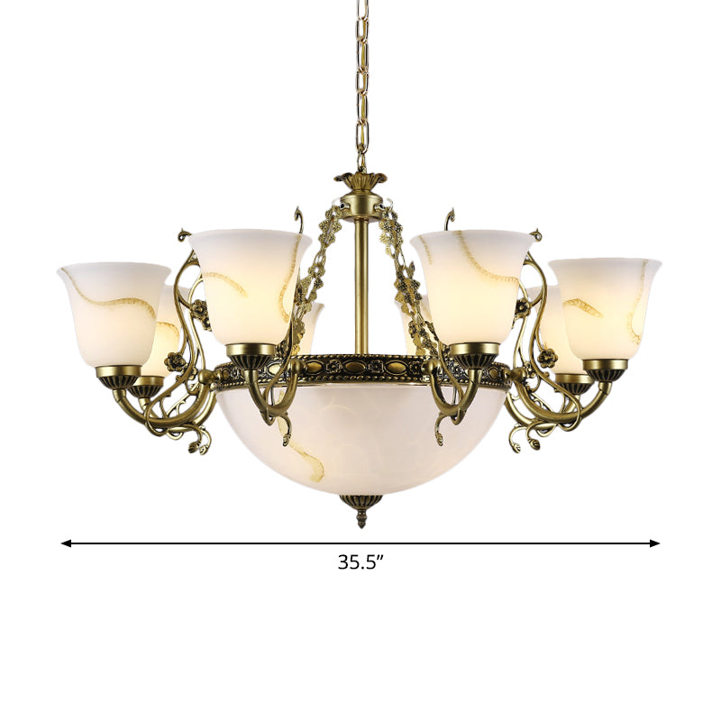 Ivory Glass Bowl/Bell Ceiling Hang Lamp Vintage 11 Lights Bedroom Chandelier Lighting Clearhalo 'Ceiling Lights' 'Chandeliers' Lighting' options 1969709