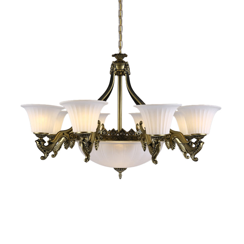 Ivory Glass Bowl/Bell Ceiling Hang Lamp Vintage 11 Lights Bedroom Chandelier Lighting Clearhalo 'Ceiling Lights' 'Chandeliers' Lighting' options 1969710