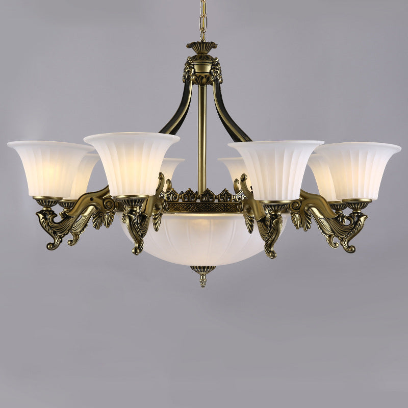 Ivory Glass Bowl/Bell Ceiling Hang Lamp Vintage 11 Lights Bedroom Chandelier Lighting Clearhalo 'Ceiling Lights' 'Chandeliers' Lighting' options 1969711