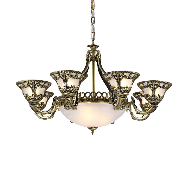 Ivory Glass Bowl/Bell Ceiling Hang Lamp Vintage 11 Lights Bedroom Chandelier Lighting Clearhalo 'Ceiling Lights' 'Chandeliers' Lighting' options 1969713