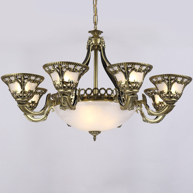 Ivory Glass Bowl/Bell Ceiling Hang Lamp Vintage 11 Lights Bedroom Chandelier Lighting Clearhalo 'Ceiling Lights' 'Chandeliers' Lighting' options 1969714