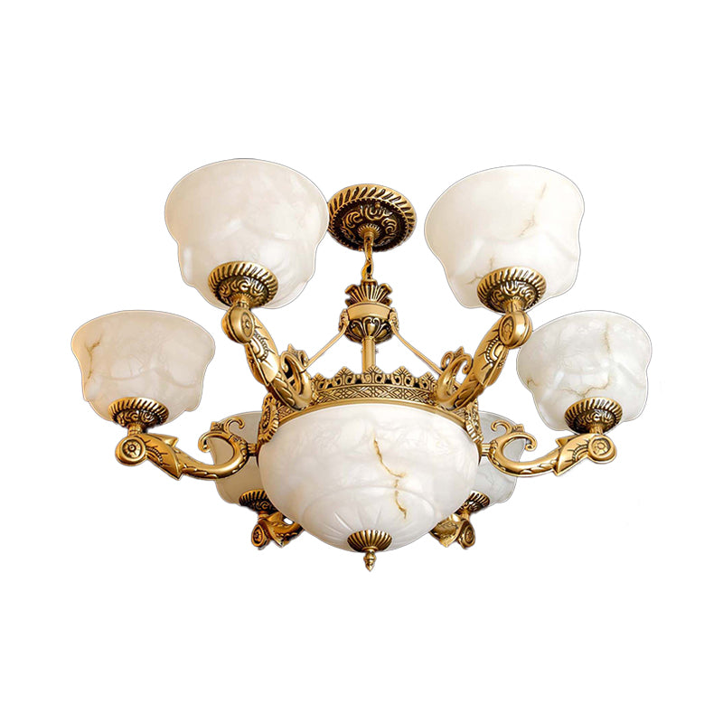 Bowl Dining Room Drop Lamp Antiqued White Glass 9-Light Brass Chandelier Light Fixture Clearhalo 'Ceiling Lights' 'Chandeliers' Lighting' options 1969716