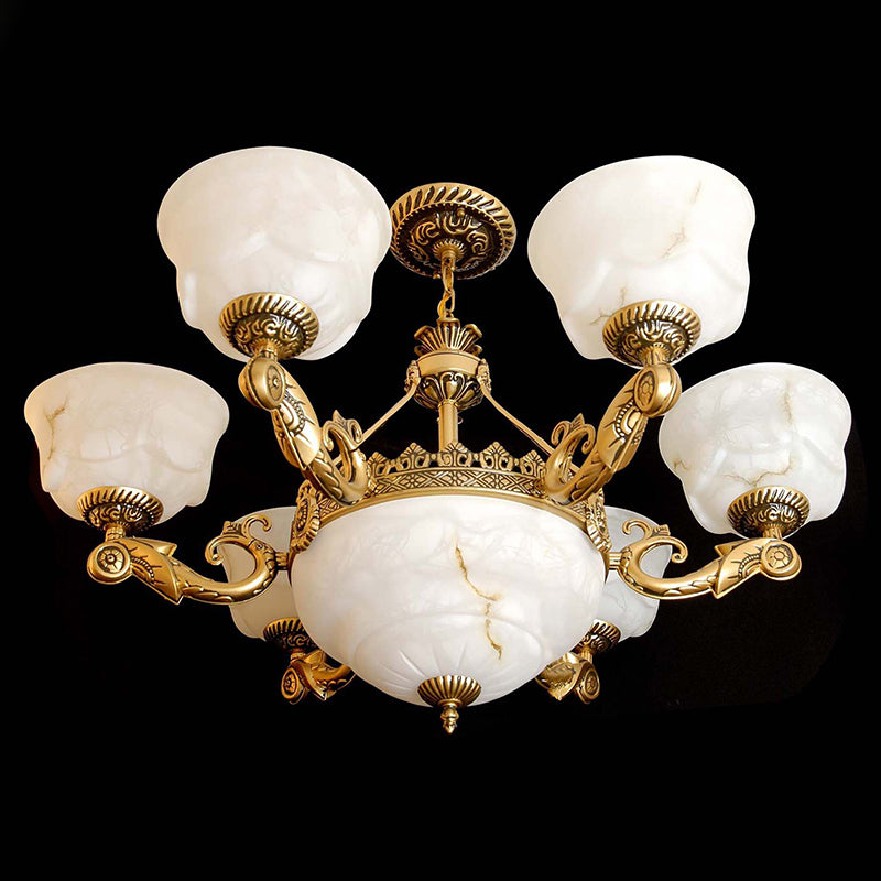 Bowl Dining Room Drop Lamp Antiqued White Glass 9-Light Brass Chandelier Light Fixture Clearhalo 'Ceiling Lights' 'Chandeliers' Lighting' options 1969718