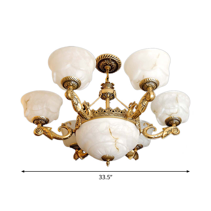 Bowl Dining Room Drop Lamp Antiqued White Glass 9-Light Brass Chandelier Light Fixture Clearhalo 'Ceiling Lights' 'Chandeliers' Lighting' options 1969719