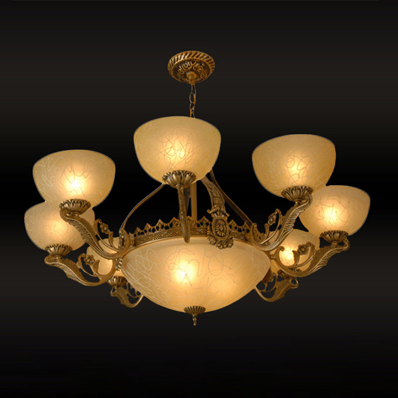 Brass Finish 11-Head Chandelier Traditional Frosted Glass Bowl Ceiling Suspension Lamp Clearhalo 'Ceiling Lights' 'Chandeliers' Lighting' options 1969720