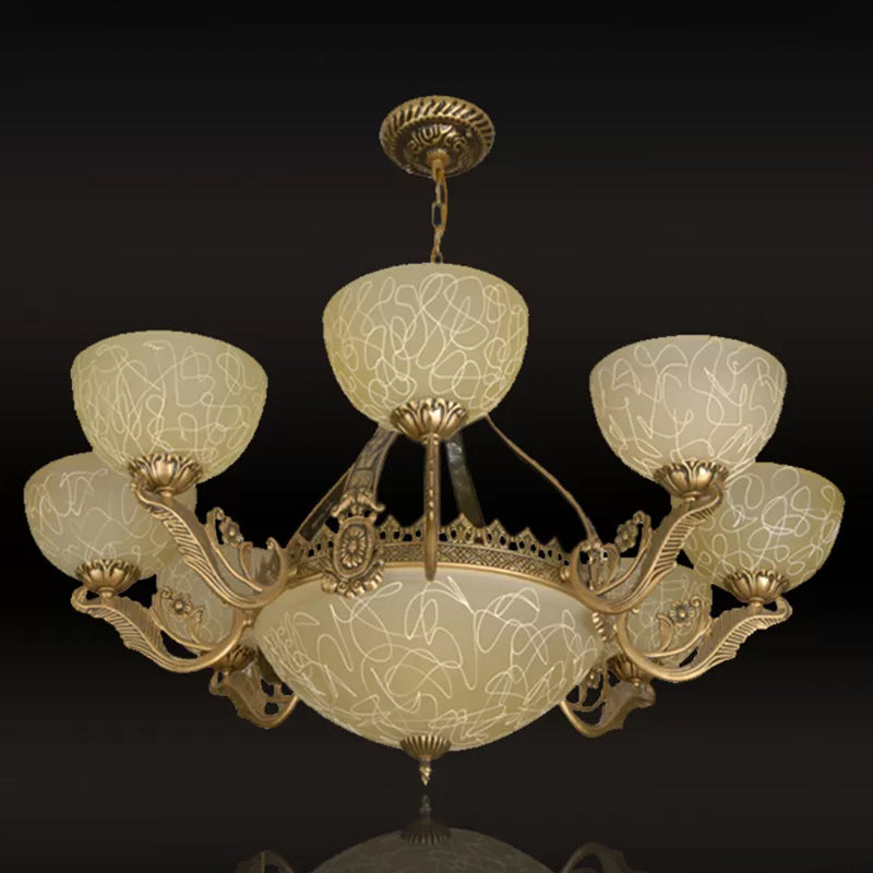 Brass Finish 11-Head Chandelier Traditional Frosted Glass Bowl Ceiling Suspension Lamp Clearhalo 'Ceiling Lights' 'Chandeliers' Lighting' options 1969721