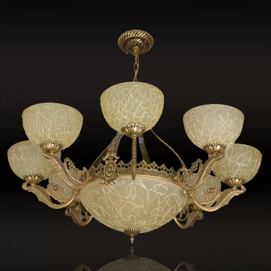 Brass Finish 11-Head Chandelier Traditional Frosted Glass Bowl Ceiling Suspension Lamp Clearhalo 'Ceiling Lights' 'Chandeliers' Lighting' options 1969721