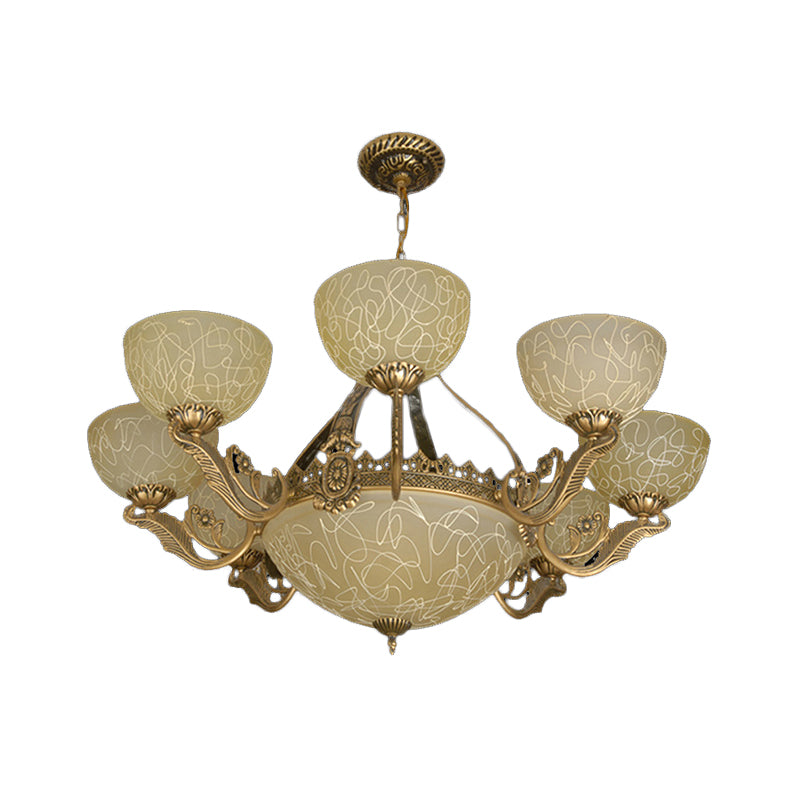 Brass Finish 11-Head Chandelier Traditional Frosted Glass Bowl Ceiling Suspension Lamp Clearhalo 'Ceiling Lights' 'Chandeliers' Lighting' options 1969722