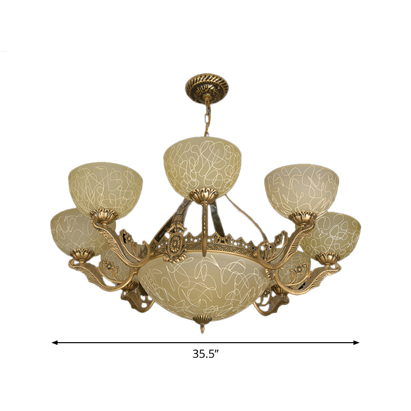 Brass Finish 11-Head Chandelier Traditional Frosted Glass Bowl Ceiling Suspension Lamp Clearhalo 'Ceiling Lights' 'Chandeliers' Lighting' options 1969723