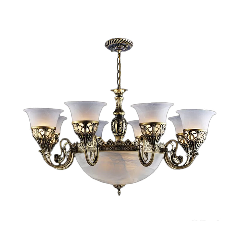 11 Lights Frosted White Glass Hanging Lamp Rustic Bronze Bell Dining Room Chandelier Light White Clearhalo 'Ceiling Lights' 'Chandeliers' Lighting' options 1969724_5af274ab-9787-4654-98ce-f8c5d1c680de