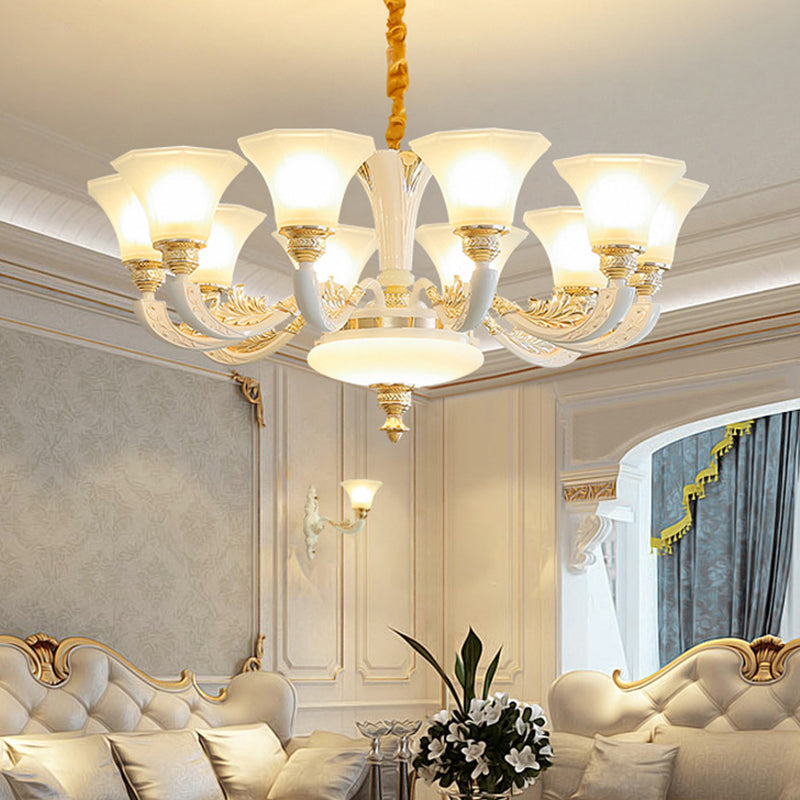 Traditional Morning Glory Chandelier 6/8/12 Lights Opal Frosted Glass Pendant Lamp in White 10 White Clearhalo 'Ceiling Lights' 'Chandeliers' Lighting' options 1969737_fd12aa01-36a8-4975-a518-6876965969c2