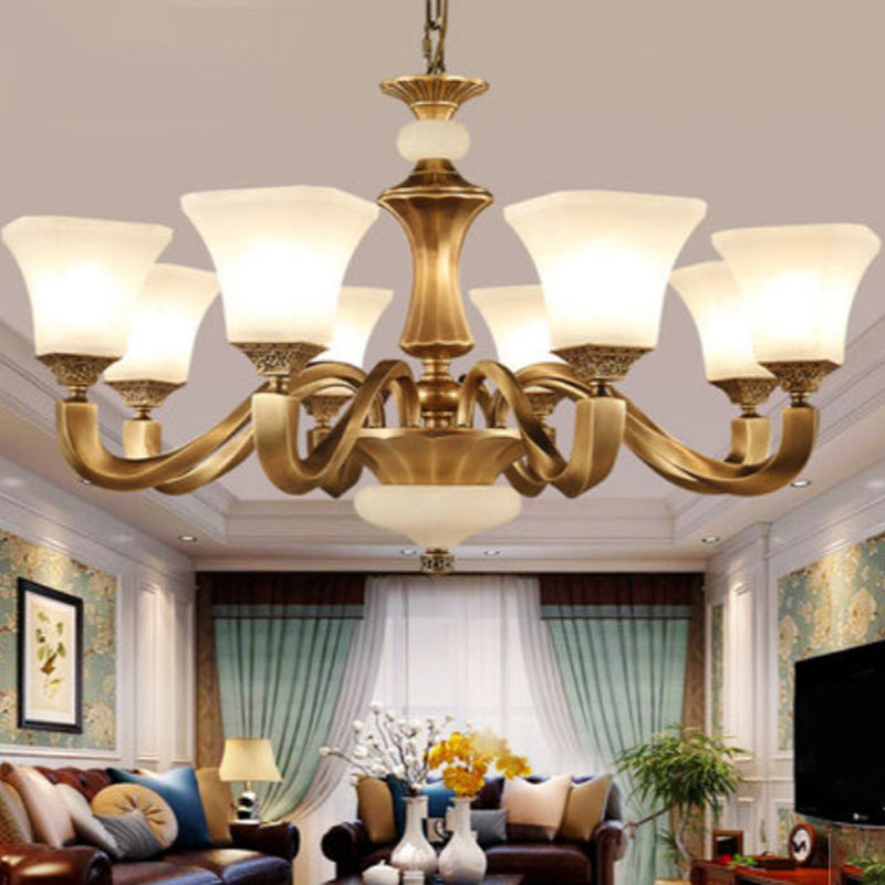 White Glass Pagoda Up Chandelier Traditional 3/6-Head Bedroom Hanging Pendant Light in Brass Clearhalo 'Ceiling Lights' 'Chandeliers' Lighting' options 1969747