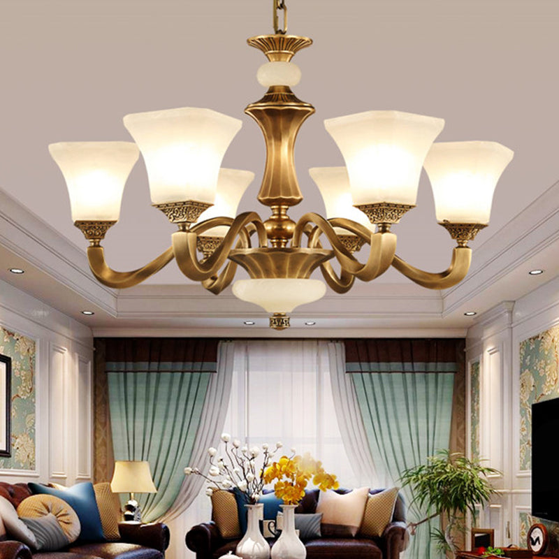 White Glass Pagoda Up Chandelier Traditional 3/6-Head Bedroom Hanging Pendant Light in Brass Clearhalo 'Ceiling Lights' 'Chandeliers' Lighting' options 1969748