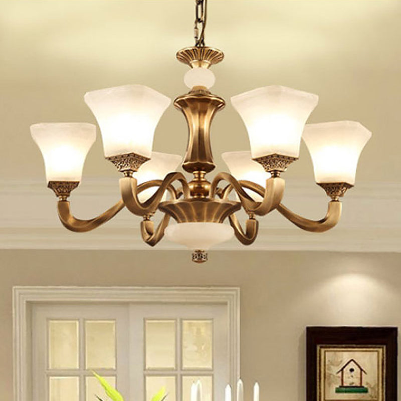 White Glass Pagoda Up Chandelier Traditional 3/6-Head Bedroom Hanging Pendant Light in Brass Clearhalo 'Ceiling Lights' 'Chandeliers' Lighting' options 1969749