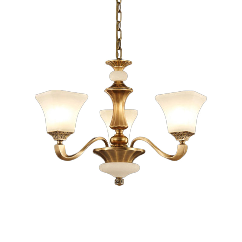 White Glass Pagoda Up Chandelier Traditional 3/6-Head Bedroom Hanging Pendant Light in Brass Clearhalo 'Ceiling Lights' 'Chandeliers' Lighting' options 1969753