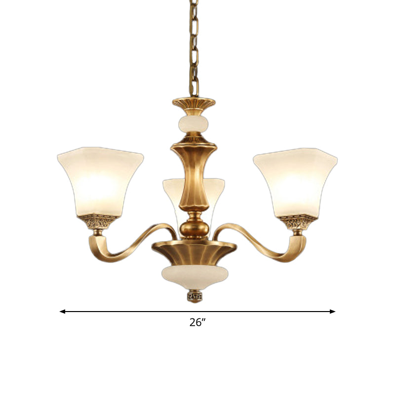 White Glass Pagoda Up Chandelier Traditional 3/6-Head Bedroom Hanging Pendant Light in Brass Clearhalo 'Ceiling Lights' 'Chandeliers' Lighting' options 1969755