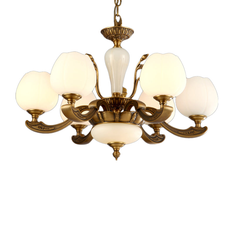 Traditional Bud Shaped Hanging Lamp 3/6 Lights Frosted White Glass Chandelier in Brass 6 White Clearhalo 'Ceiling Lights' 'Chandeliers' Lighting' options 1969756_ccc195f4-1d4b-4c8e-a9be-ea4540fb75d8