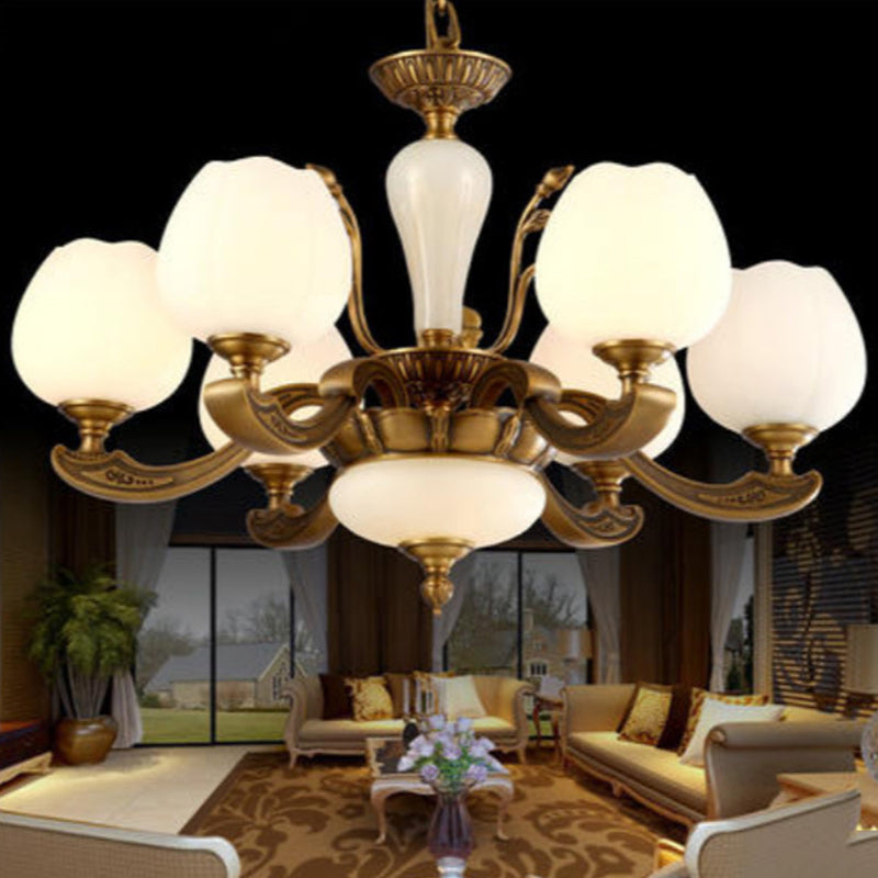 Traditional Bud Shaped Hanging Lamp 3/6 Lights Frosted White Glass Chandelier in Brass Clearhalo 'Ceiling Lights' 'Chandeliers' Lighting' options 1969757