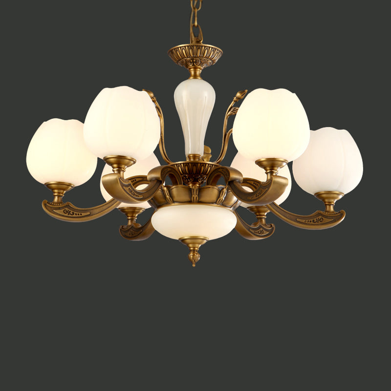 Traditional Bud Shaped Hanging Lamp 3/6 Lights Frosted White Glass Chandelier in Brass Clearhalo 'Ceiling Lights' 'Chandeliers' Lighting' options 1969758