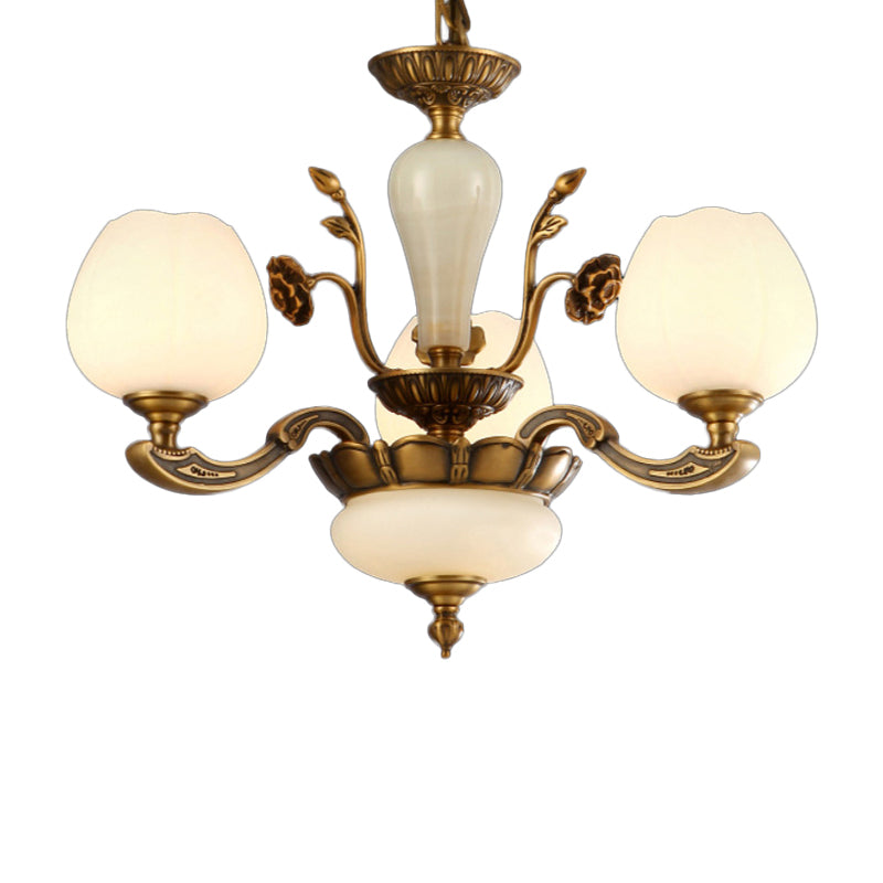 Traditional Bud Shaped Hanging Lamp 3/6 Lights Frosted White Glass Chandelier in Brass Clearhalo 'Ceiling Lights' 'Chandeliers' Lighting' options 1969761