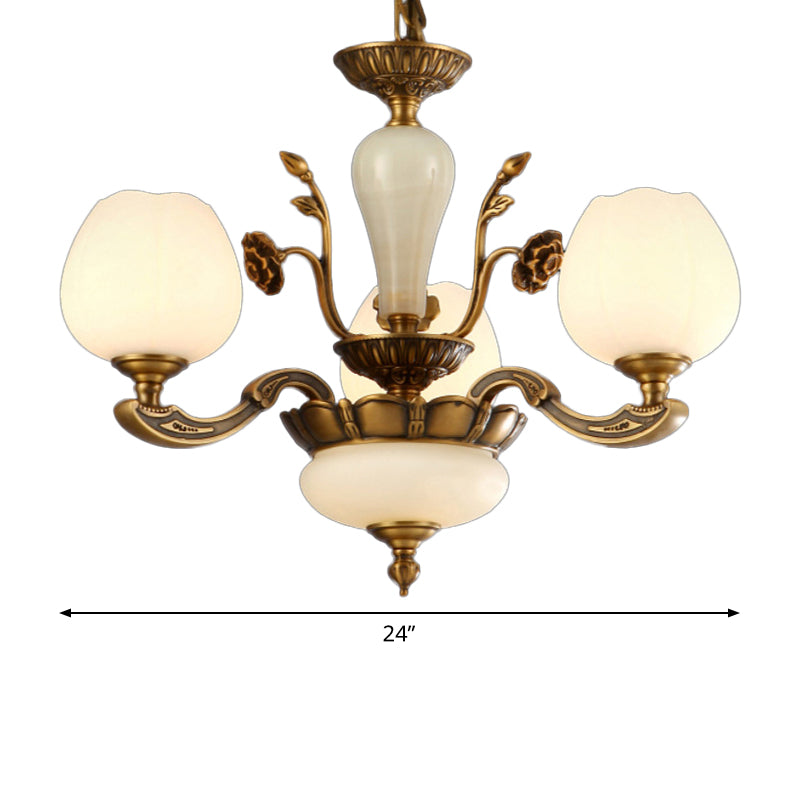 Traditional Bud Shaped Hanging Lamp 3/6 Lights Frosted White Glass Chandelier in Brass Clearhalo 'Ceiling Lights' 'Chandeliers' Lighting' options 1969763