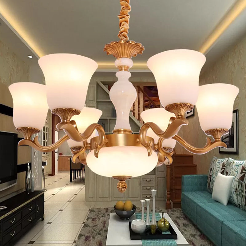 6-Light Bell Up Chandelier Lamp Vintage Brass Cream Glass Pendant Light Fixture for Bedroom Clearhalo 'Ceiling Lights' 'Chandeliers' Lighting' options 1969764