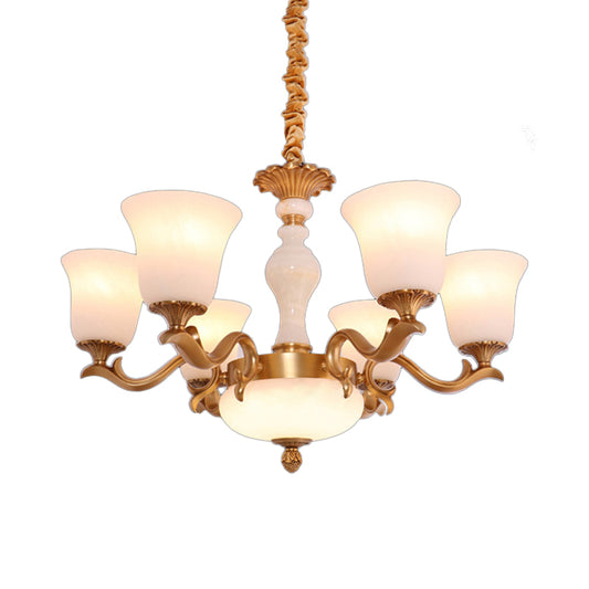 6-Light Bell Up Chandelier Lamp Vintage Brass Cream Glass Pendant Light Fixture for Bedroom Clearhalo 'Ceiling Lights' 'Chandeliers' Lighting' options 1969766