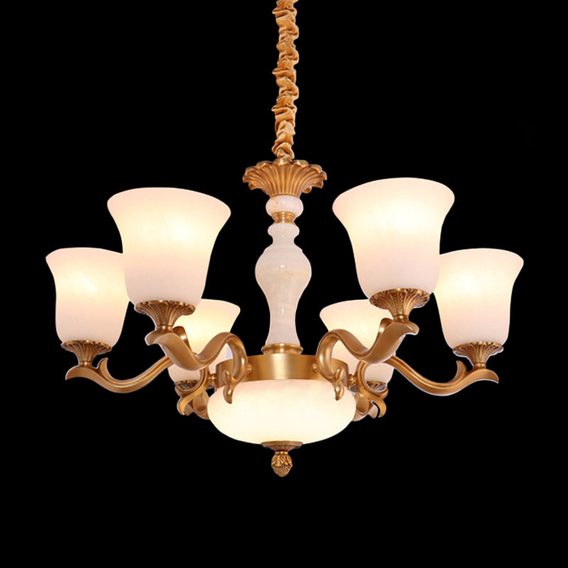 6-Light Bell Up Chandelier Lamp Vintage Brass Cream Glass Pendant Light Fixture for Bedroom Clearhalo 'Ceiling Lights' 'Chandeliers' Lighting' options 1969767