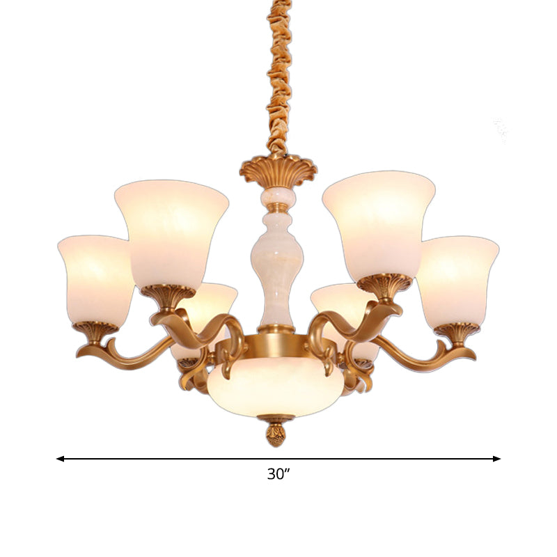 6-Light Bell Up Chandelier Lamp Vintage Brass Cream Glass Pendant Light Fixture for Bedroom Clearhalo 'Ceiling Lights' 'Chandeliers' Lighting' options 1969768