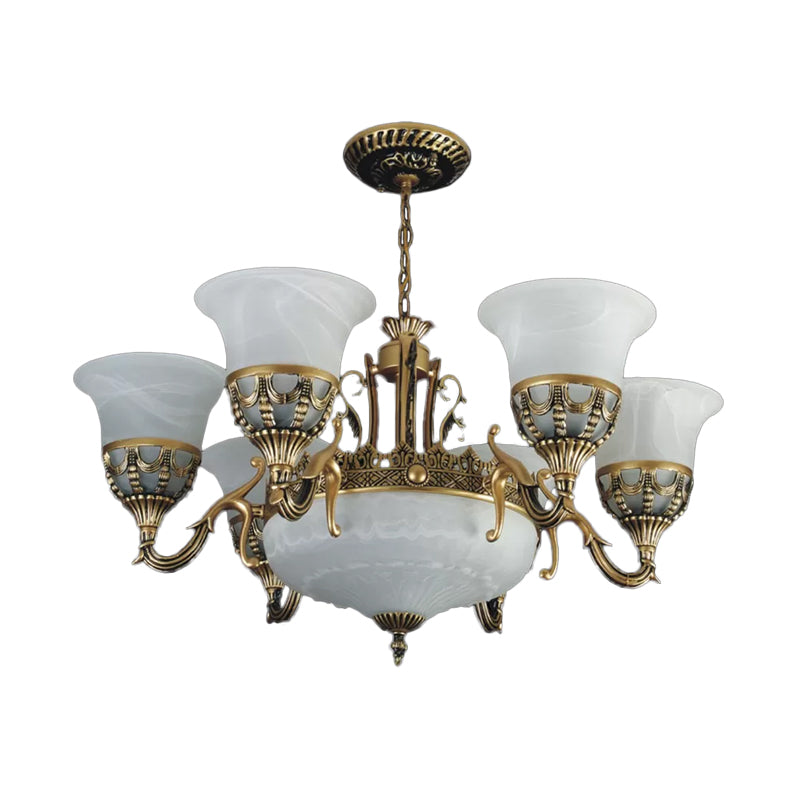 Flared Shade Alabaster Glass Chandelier Traditional 9 Heads Dining Room Suspension Light in Bronze Clearhalo 'Ceiling Lights' 'Chandeliers' Lighting' options 1969769